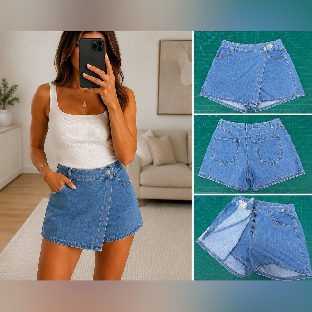 ZARA Denim Wrap Skort Mini Skirt Shorts Size L